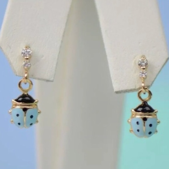 14k Solid Yellow Gold Enamel 🐞 Dangle Earrings